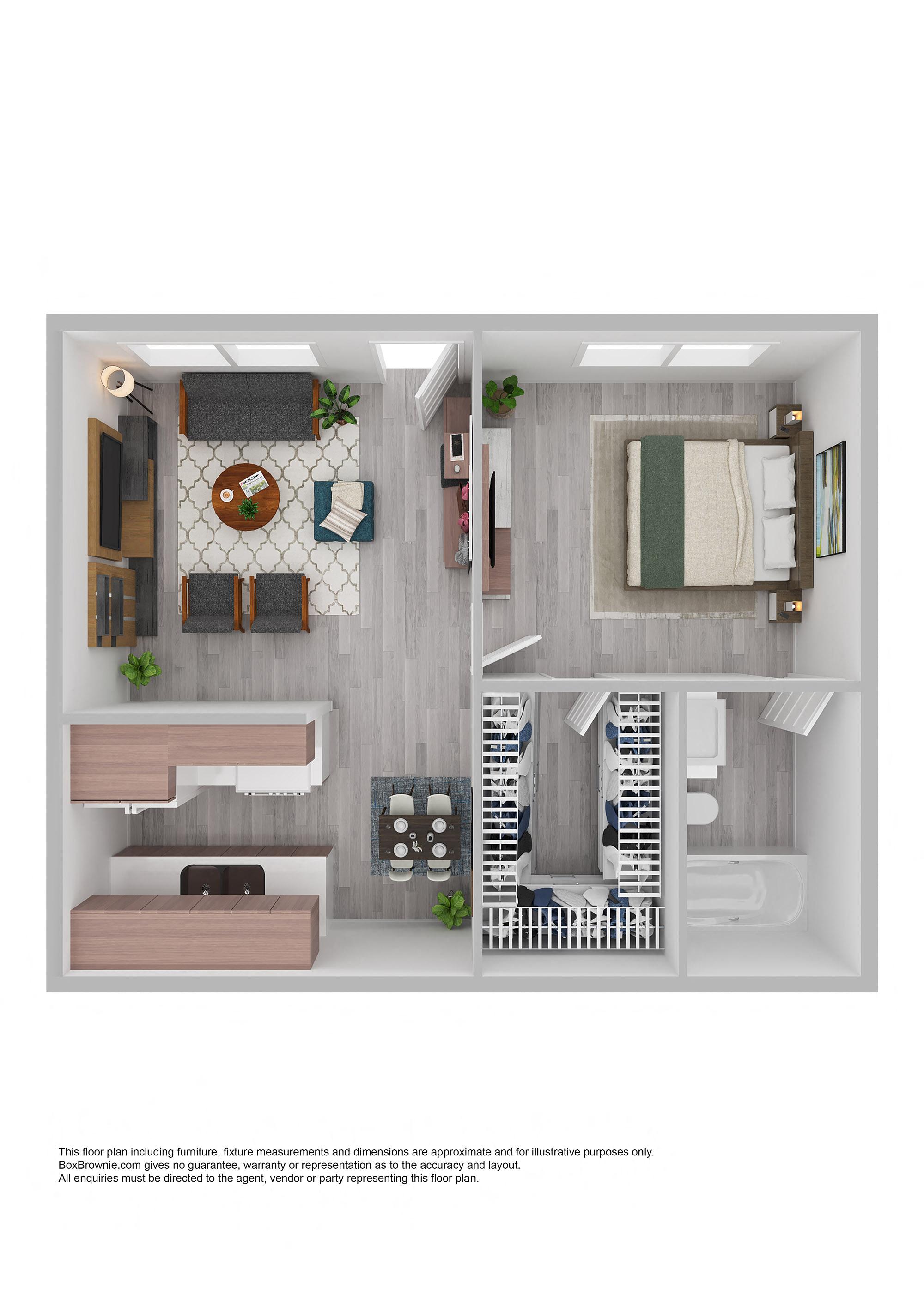 Floor plan for 1 bed, 1 bath, 418 sqft